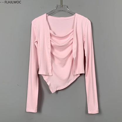 Cralom Y2K Bodycon Two-Piece Set Tops, Sexy Slim Fit Blouses, New Style Korean Tees
