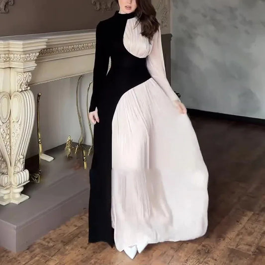Cralom Retro Dress: Round Neck Long Sleeve Slim Fit High Waist 2025 Autumn