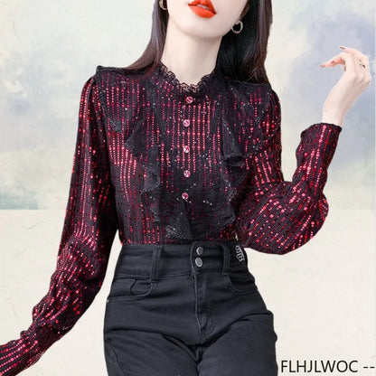 Cralom Sparkly Sequin Ruffle Trim Blouse Slim Fit