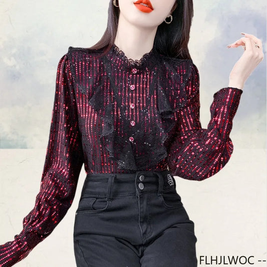 Cralom Sparkly Sequin Ruffle Trim Blouse Slim Fit
