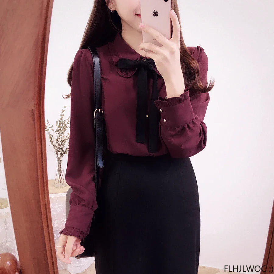 Cute Lace-Up Bow Tie Blouse by Cralom for Work & Office