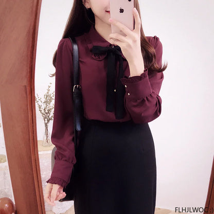 Cute Lace-Up Bow Tie Blouse by Cralom for Work & Office