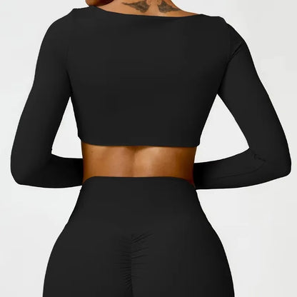 Cralom Square Neck Gym Top: Quick Dry Long Sleeve Crop Top for Women