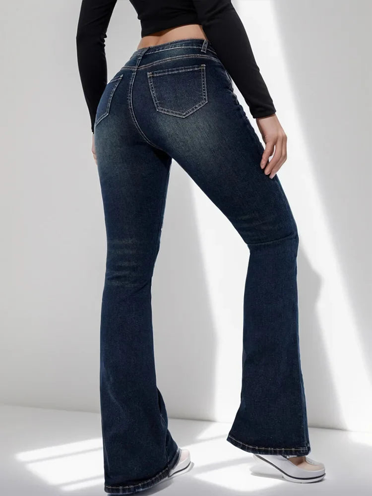 Cralom Vintage Washed Flare Jeans High Waist Slim Straight Pants