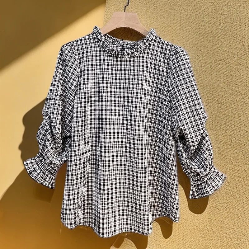 Cralom Black Plaid Half Sleeve Shirt Women Summer Office Basics Vintage Blouse