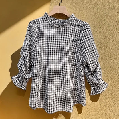 Cralom Black Plaid Half Sleeve Shirt Women Summer Office Basics Vintage Blouse