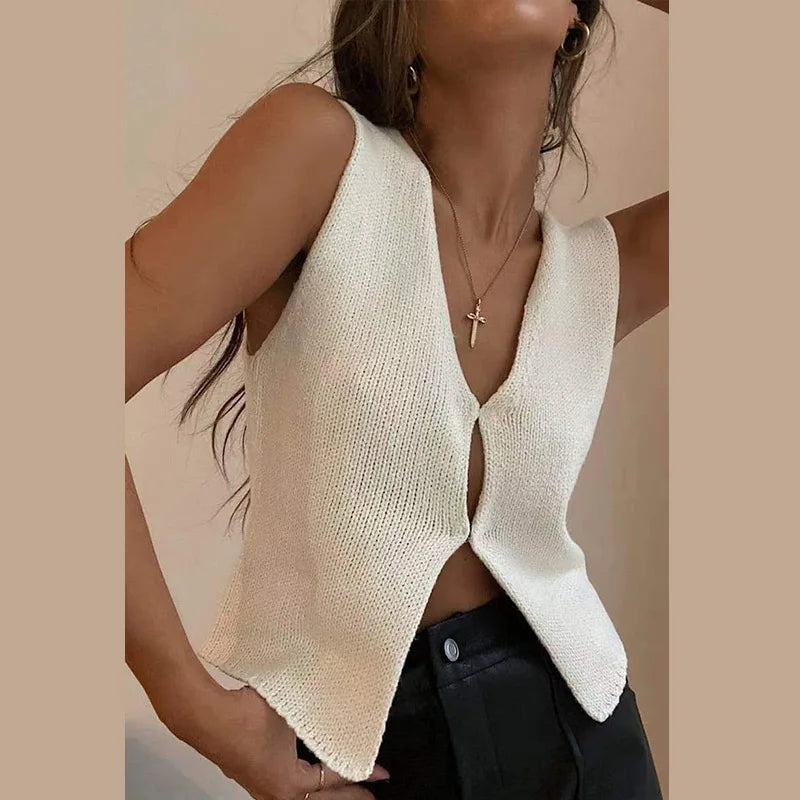 Cralom Sleeveless V-Neck Knit Vest: Button-up Chic Streetwear Knitwear