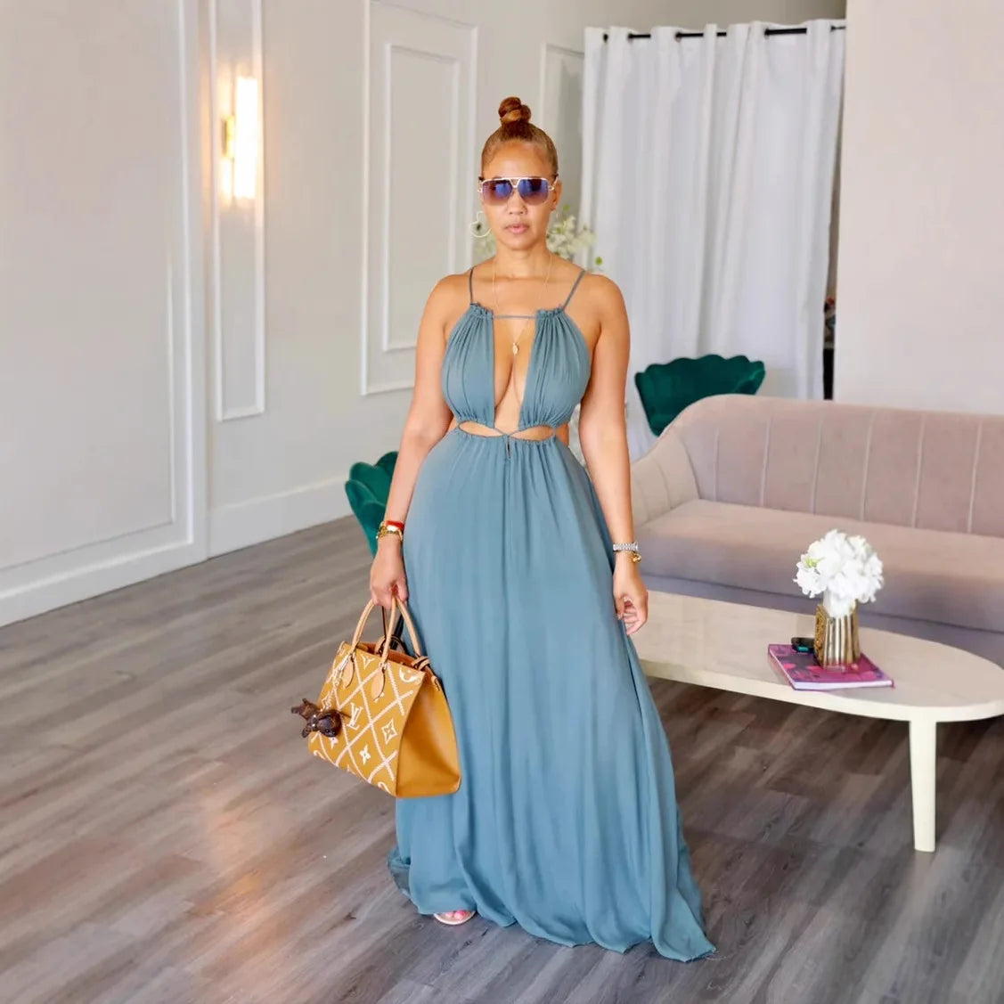 Cralom Sexy Camisole Backless Long Dress Solid Color, 2025 Summer