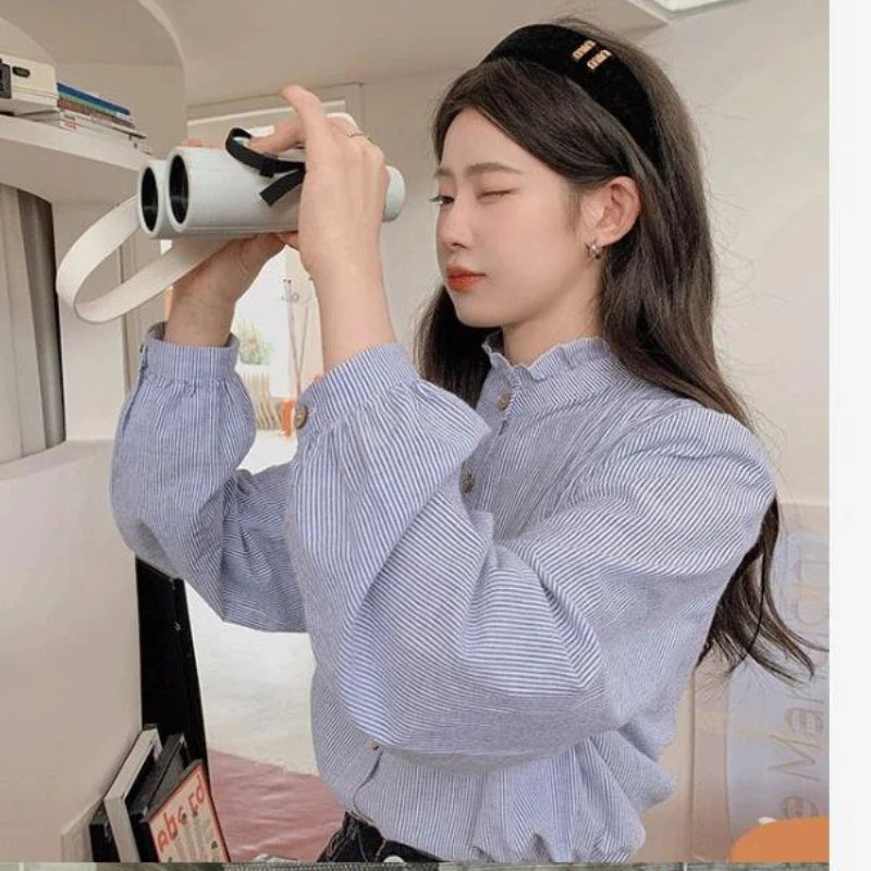 Cralom Blue Striped Ruffles Blouse - Retro Preppy Style Vintage Shirt