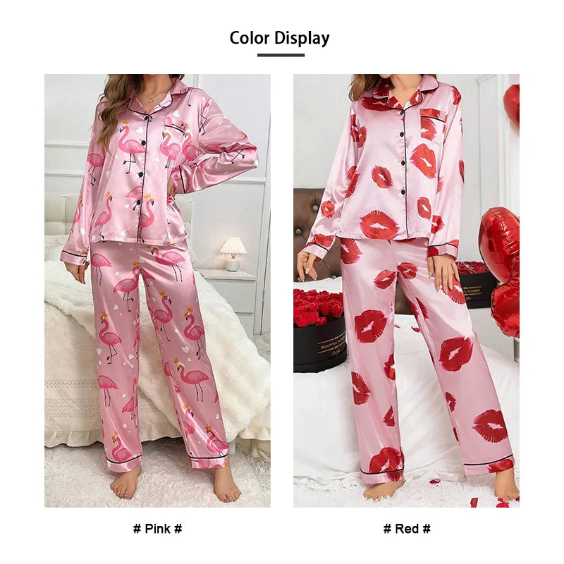 Cralom Red Lip Print Satin Pajama Set with Long Sleeve Top & Pants