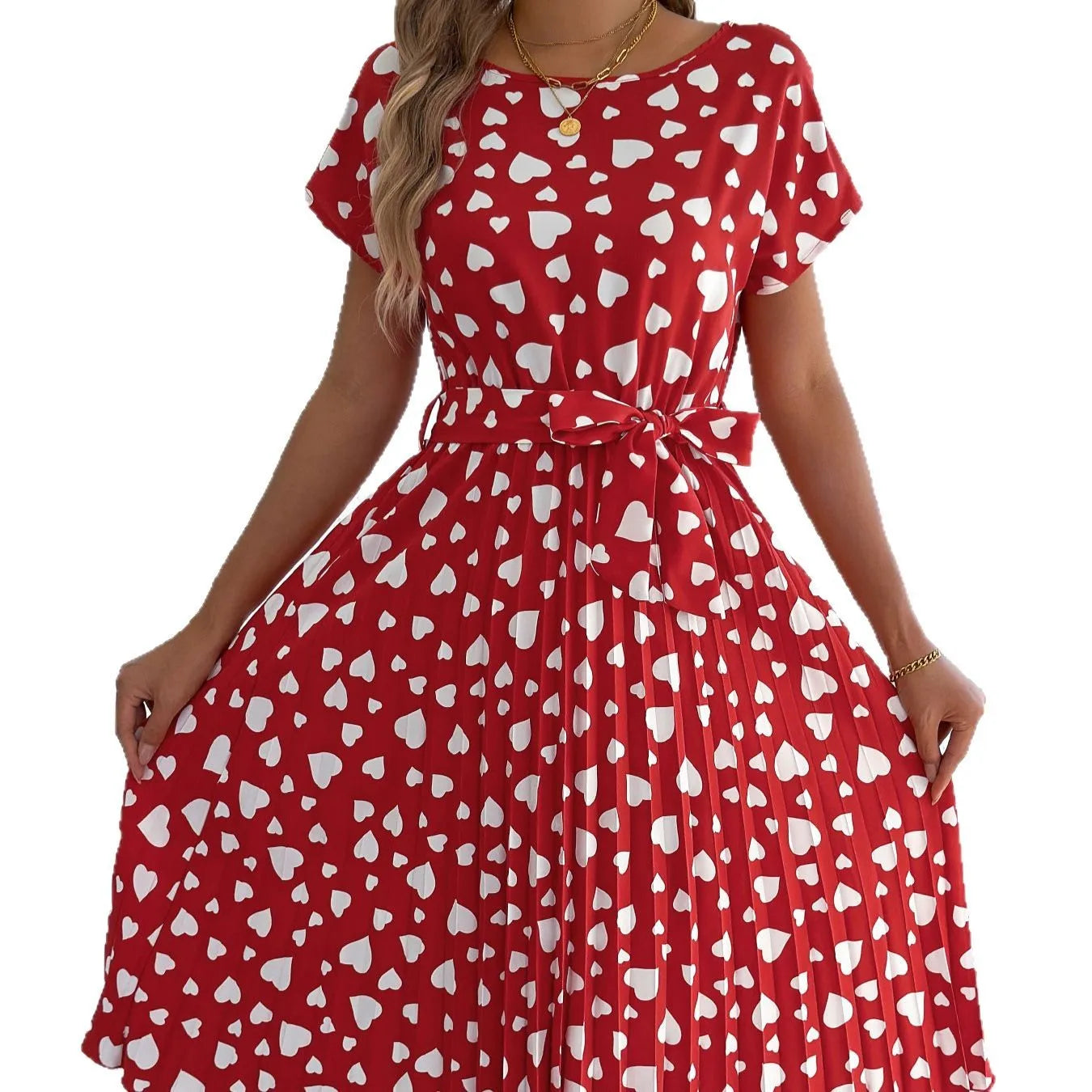 Cralom Heart Short Sleeve Waist Cinched Pleated Dress, Summer 2025