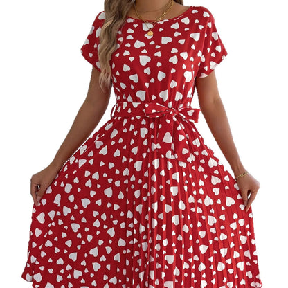 Cralom Heart Short Sleeve Waist Cinched Pleated Dress, Summer 2025
