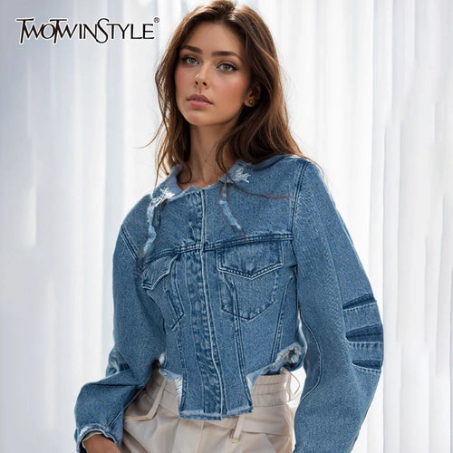 Cralom Rawhem Denim Coat - Round Neck Long Sleeve Slimming Jacket for Women