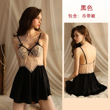 Cralom V Lace Backless Satin Nightgown Suspender Pajamas,Loungewear Chic Nightdress