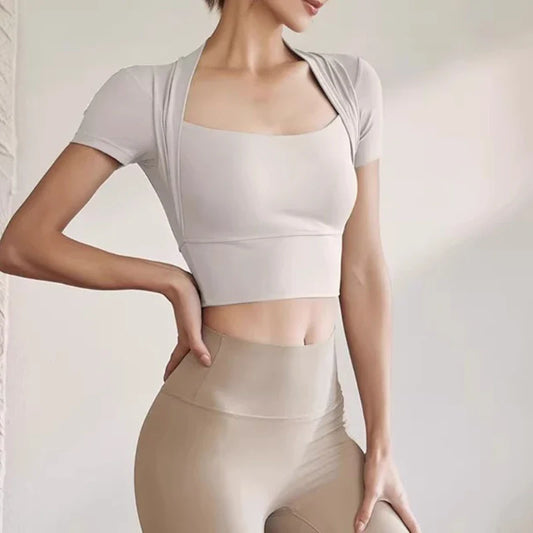 Cralom Women's Short Sleeves Yoga Crop Top - Quick Dry & Shockproof Gym Vest