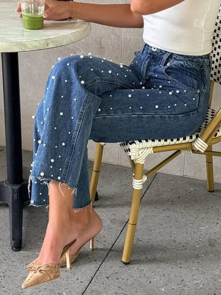 Cralom Beaded Vintage Washed Blue Jeans - High Waist Loose Straight Pant