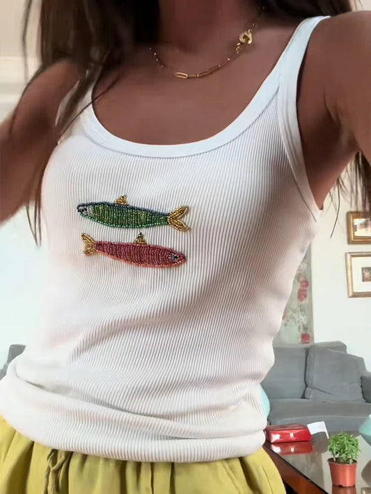 Cralom Fish Bead Tank Top: Slim Fit Sequin Camis for Women, Sleeveless Summer Vest