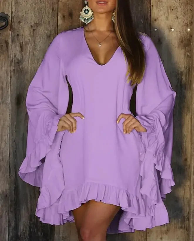 Cralom Sweet Ruffle Hem Bell Sleeve V-Neck Long Sleeve Dress