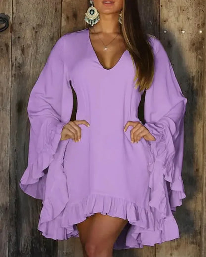 Cralom Sweet Ruffle Hem Bell Sleeve V-Neck Long Sleeve Dress