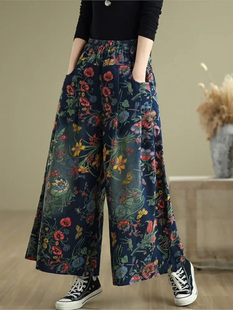 Cralom High Waist Wide Leg Print Jeans