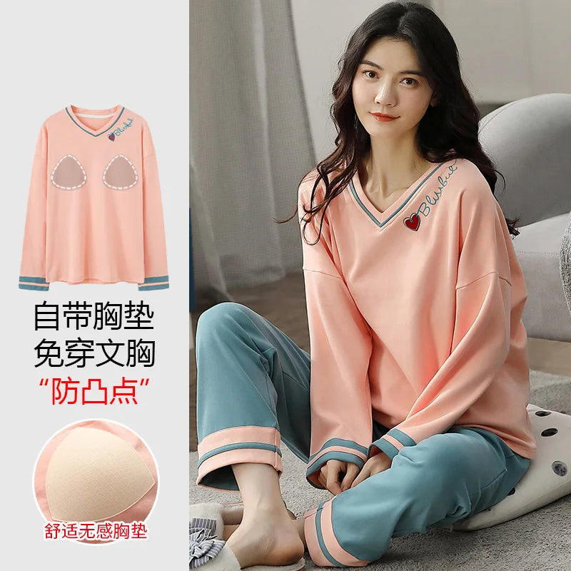 Cralom Cotton Pajama Set with Chest Pads, Long-sleeved Soft Sleepwear for Women