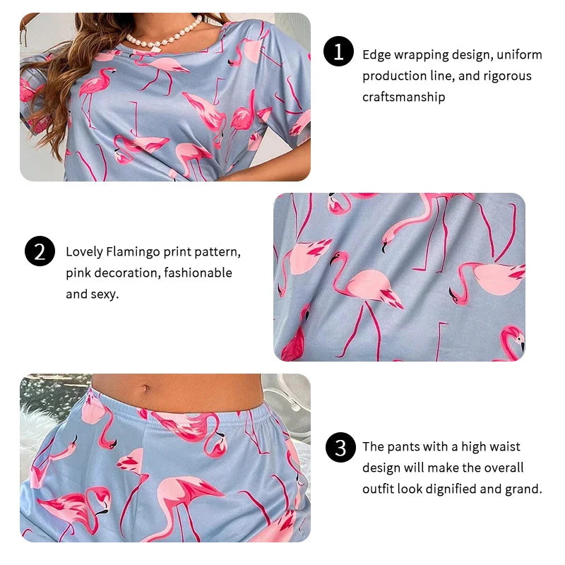 Short Sleeve Flamingo Print Pajama Set by Cralom