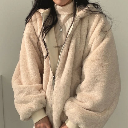 Cralom Women's Cashmere Padded Hooded Jacket Double-Sided Lamb Wool Coat