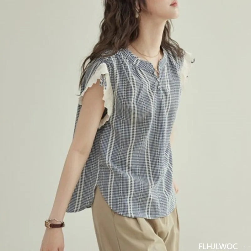 White Lace Sleeveless Plaid Shirt - Cralom Y2K Design Vintage Japan Style Top