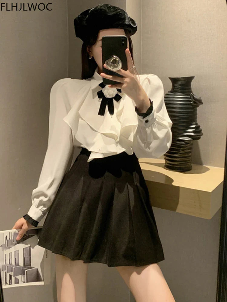 Cralom Spring Office Lady Workwear White Shirt Blouse Bow Tie Ribbon Top