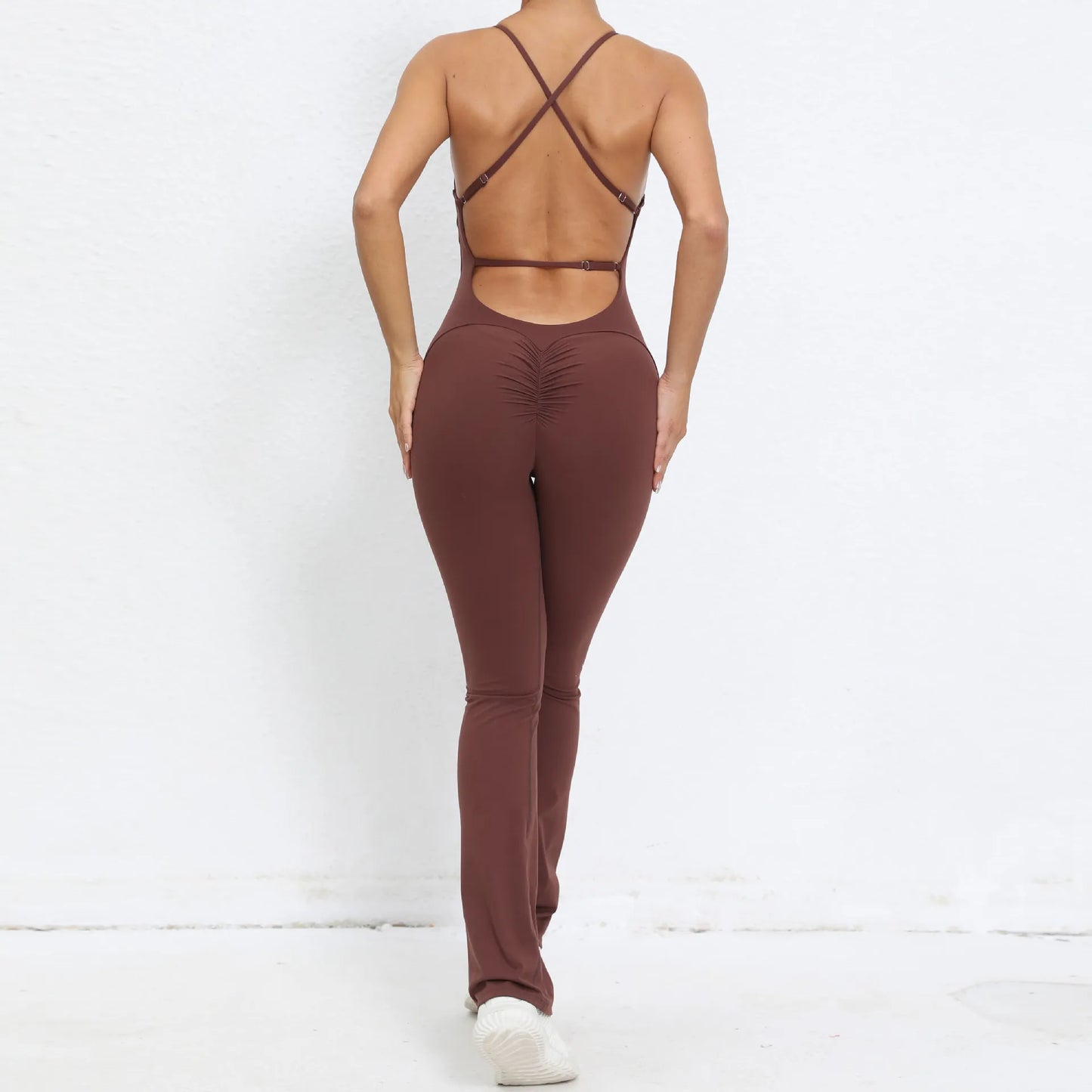 Cralom Yoga Set Flared Jumpsuit for Women Gym Workout Scrunch Bodysuits