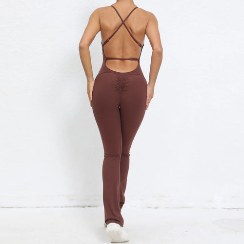 Cralom Yoga Set Flared Jumpsuit for Women Gym Workout Scrunch Bodysuits