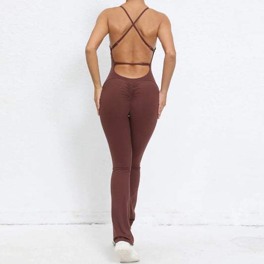 Cralom Yoga Set Flared Jumpsuit for Women Gym Workout Scrunch Bodysuits