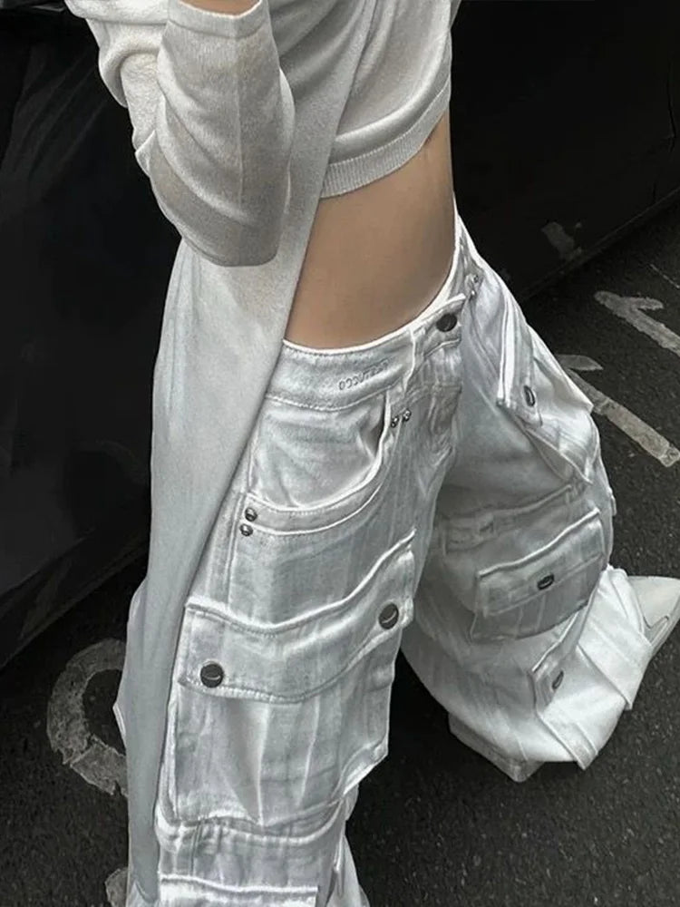 Cralom Streetwear Vintage Cargo Jeans High Waist Wide Leg Pants