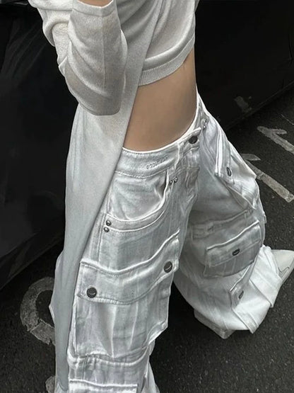 Cralom Streetwear Vintage Cargo Jeans High Waist Wide Leg Pants