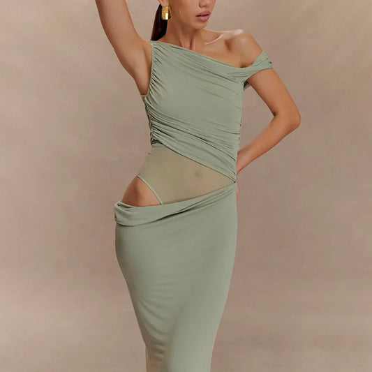 Cralom Pleated Maxi Dress: Sexy One-Shoulder, Slim Waist