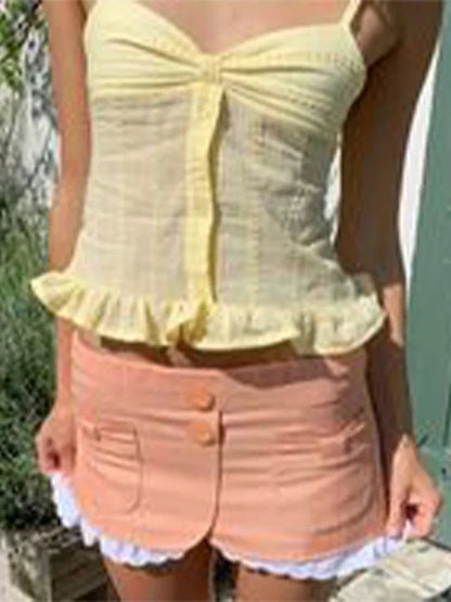 Cralom Yellow Ruffles Backless Tank Top - Summer Sweet Street Style