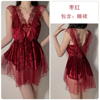 Luxurious Velvet Nightgown Set by Cralom: Deep V, Mesh Yarn, Backless Design