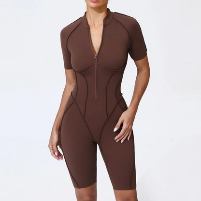 Cralom Seamless Yoga Jumpsuit Short Sleeve Fitness Bodysuit Zipper Activewear