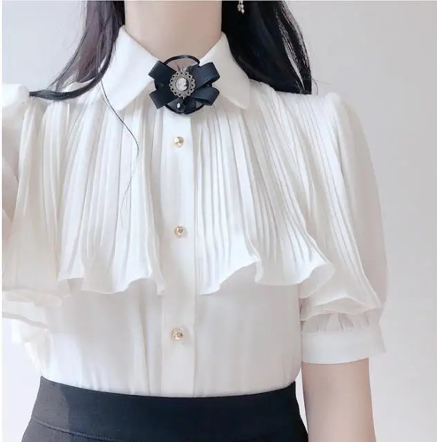 Cralom Ruffled Lace Blouse: Stylish White Button-Down Shirt for Office Ladies