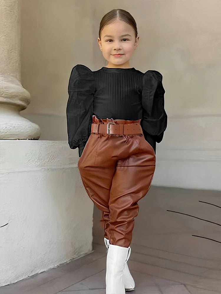 Cralom 3pcs Girl’s Puff Sleeve Ribbed Top + PU Leather Pants + Belt Set