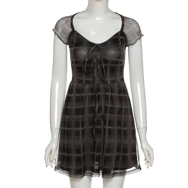 Cralom Lattice Pattern A-Line Mini Dress: 2021 Summer Casual Streetwear