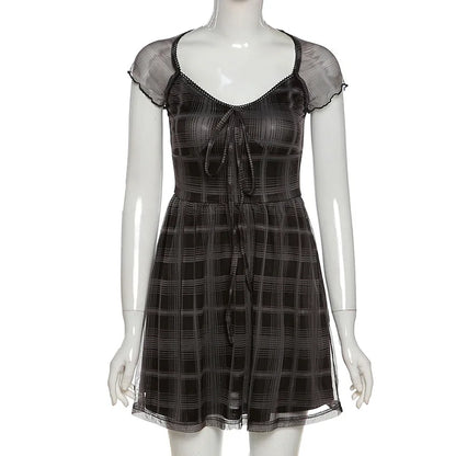 Cralom Lattice Pattern A-Line Mini Dress: 2021 Summer Casual Streetwear