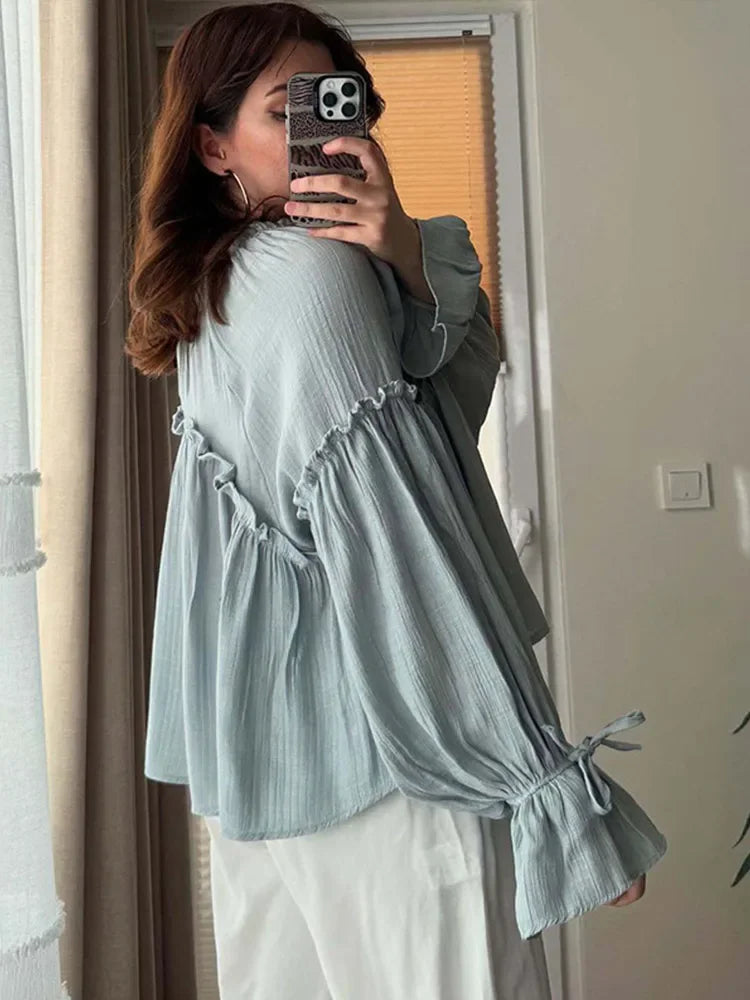 Cralom Casual Ruffles Shirt, Lantern Sleeves, Lace-Up O-Neck, Solid Color Streetwear