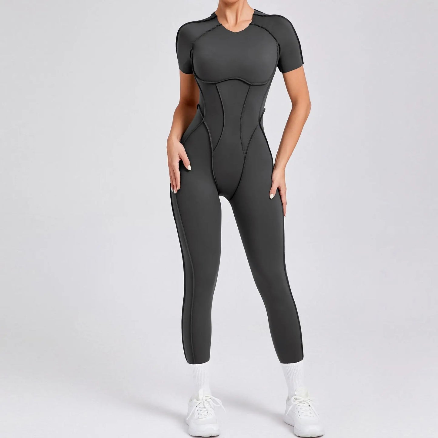 Cralom Seamless Backless Yoga Bodysuit - Short Sleeve Long Pants