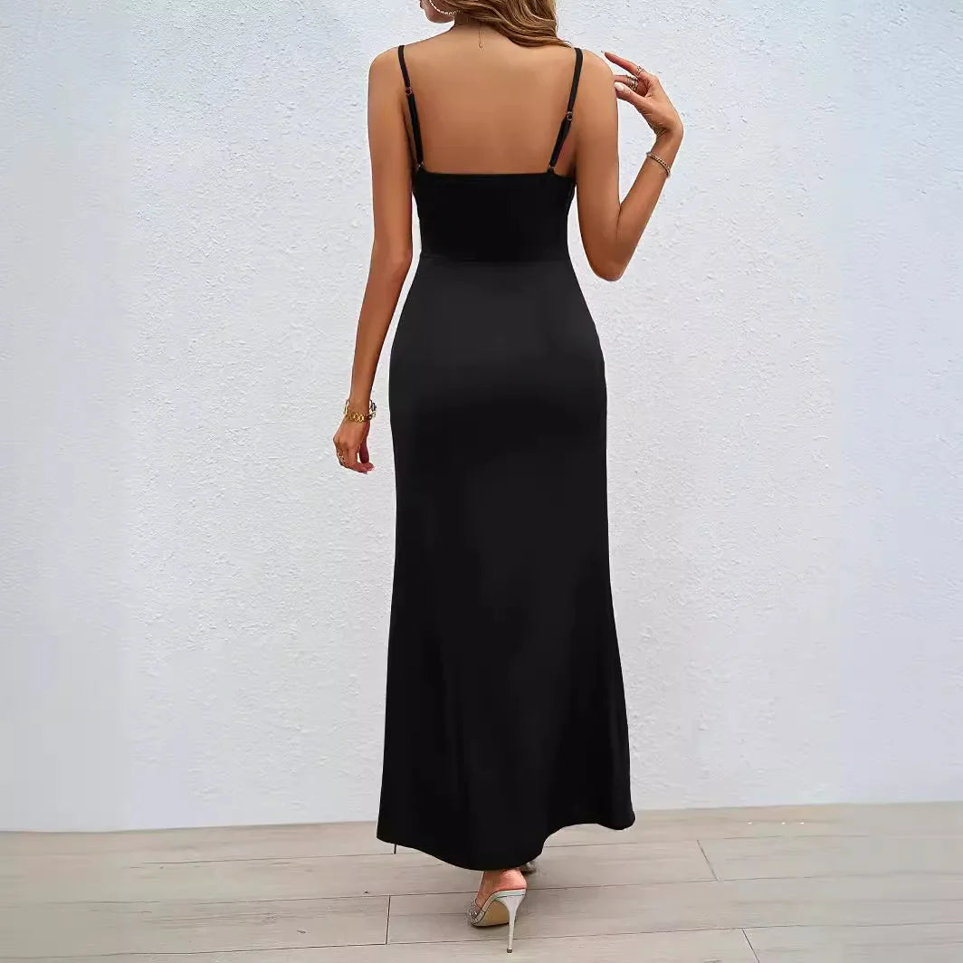 Cralom Square Neck Bareback Strap Split Dress