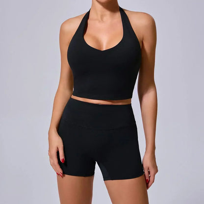 Cralom High Waist Yoga Shorts & Backless Bra Set for Women, Gym Workout Fitness Outfit