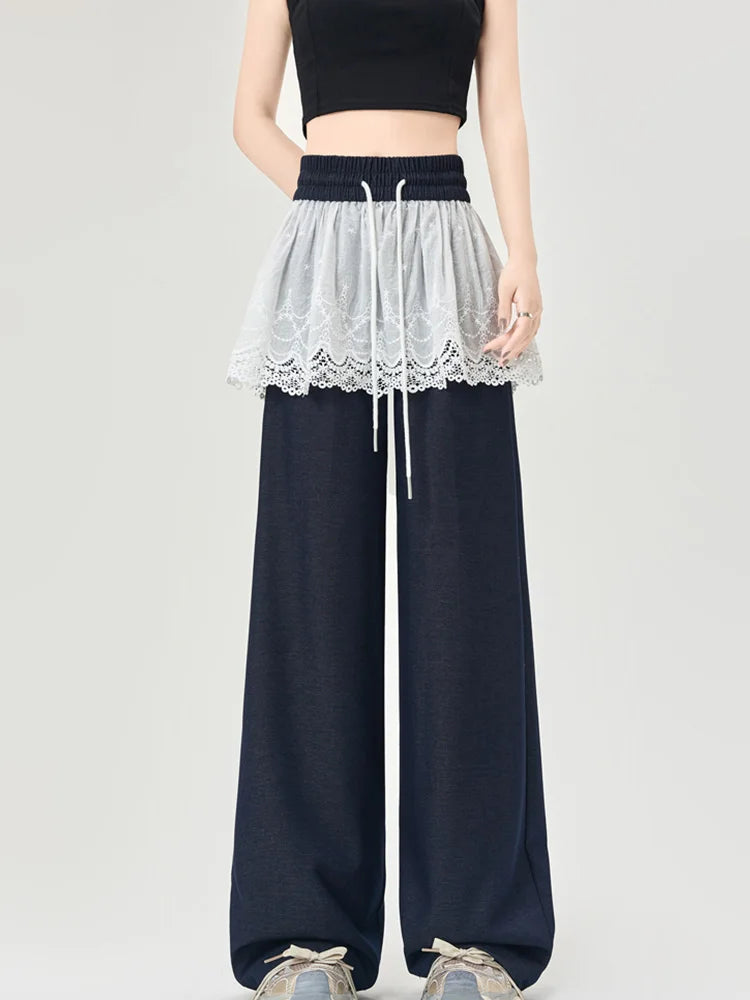 Cralom Lace Spliced Capris Loose Lace-Up Pants 2025 Spring-Summer Streetwear Fashion