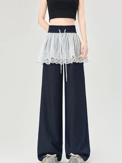 Cralom Lace Spliced Capris Loose Lace-Up Pants 2025 Spring-Summer Streetwear Fashion
