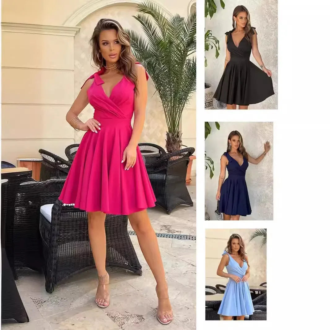 Cralom Deep V-neck Dress with Bow Strap and High Waist - Summer 2024 Collection