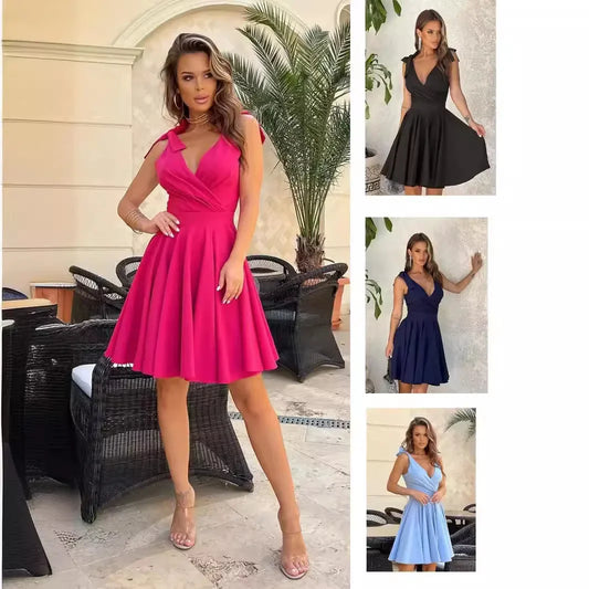 Cralom Deep V-neck Dress with Bow Strap and High Waist - Summer 2024 Collection